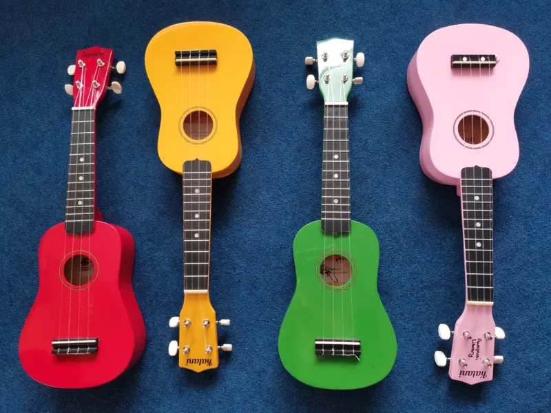 Top-down photograph of four ukeleles lying flat beside each other and painted different colours: red, yellow, green and pink - against a blue backgroundDo you have musical instruments?