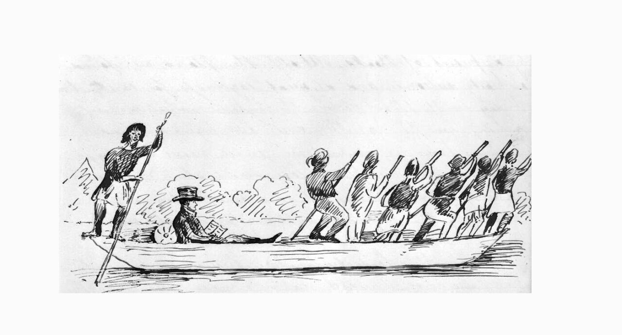 Pen drawing of a waka (canoe) with six rowers standing at the front and one rower standing at the back. One man with a top hat is reclining, reading a book in between the sets of rowers.