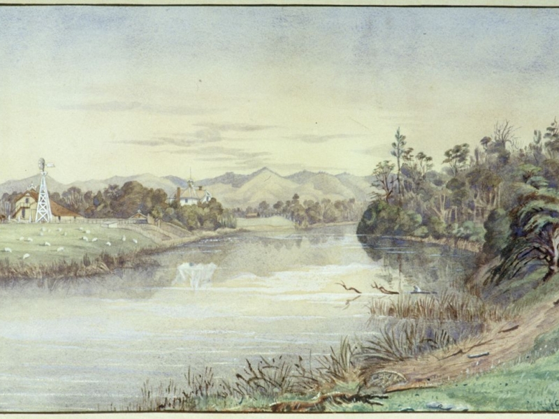 An ink and watercolour painting of a body of water, with mountains on the horizon. There is a farm and church on one bank, and the other is covered in bush.