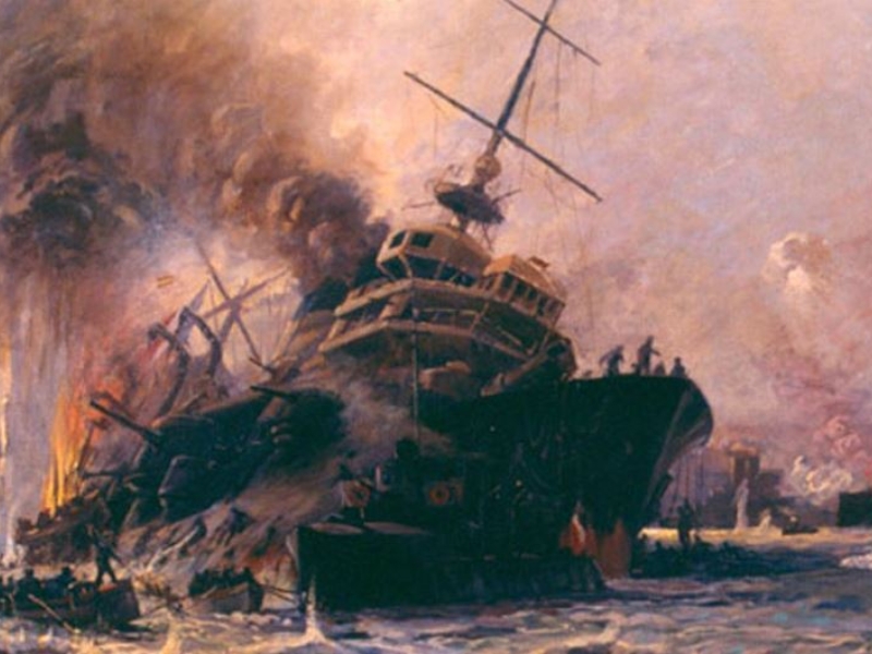 Painting of a ship with a mast sinking. There are sharp splashes of water from projectiles all around this smoking ship. The sky is a vivid mix of pastel pink, yellow and blue.