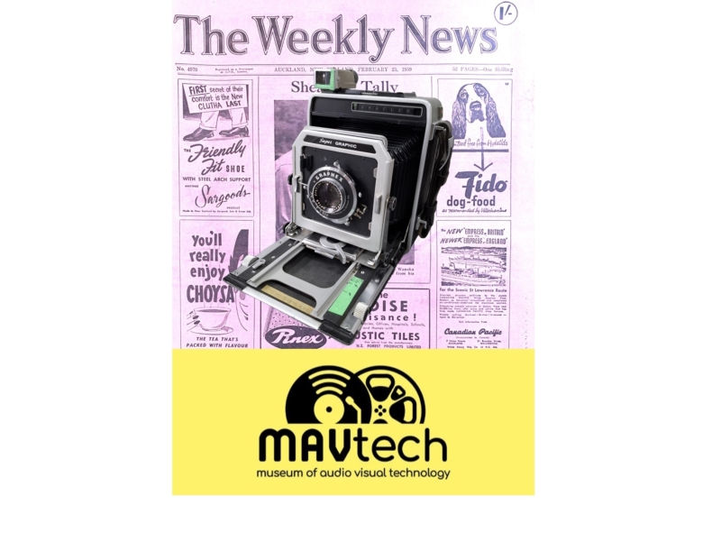 Old brownie camera in front of a newspaper titled "The Weekly News" and a yellow MAVtech logo at the bottom.