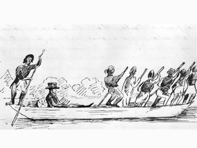 Pen drawing of a waka (canoe) with six rowers standing at the front and one rower standing at the back. One man with a top hat is reclining, reading a book in between the sets of rowers.