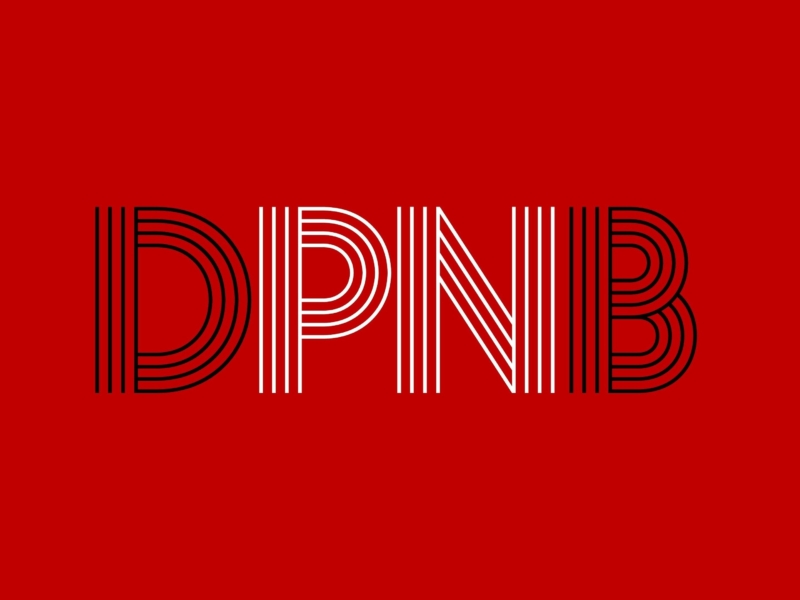 Letters DPNB. Letters are in a 3-lines typography. D and B are in black, PN is in white.